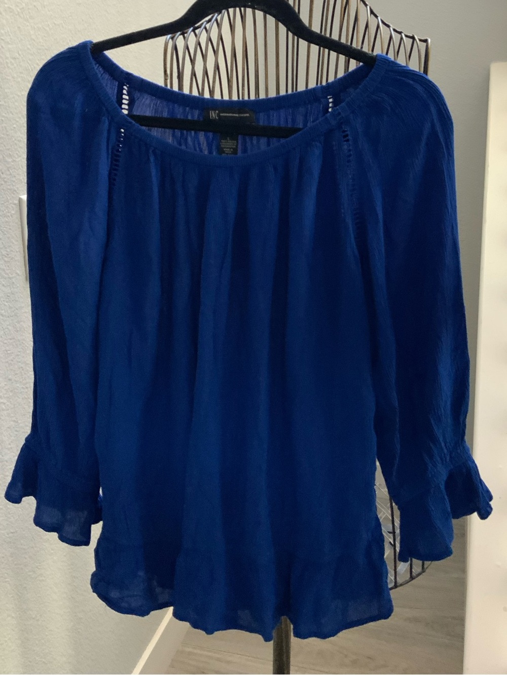 INC International Gauze Off Shoulder Cobalt Blue Peasant Blouse SZ Large